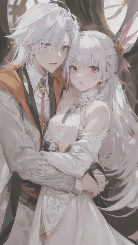 White haired boy with red eyes, hugs, white haired girl with orange eyes, elegant, in a medivial room, 