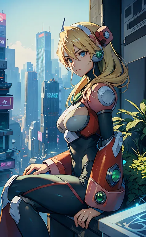 alia_megamanx sitting on the edge of a building in tokyo - cyberpunk city in the background, ssci - fi, fantasia, intricado, mui...