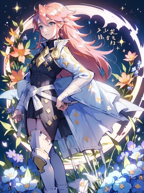 (Soleil de Fire Emblem en una llanura de flores.) (Elegant and white expression.) (cuerpo completo) (Alta calidad) (A pattern of moon and stars in the background) (mirando al horizonte)