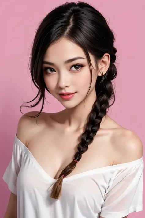 Sexy and cute woman, woman in love, black hair braided, very seductive and soft eyes, blushing hard, pink lips parted, seductive smile, long neck, collarbone, medium chest, cleavage, off shoulder t shirt, no straps, bare shoulders