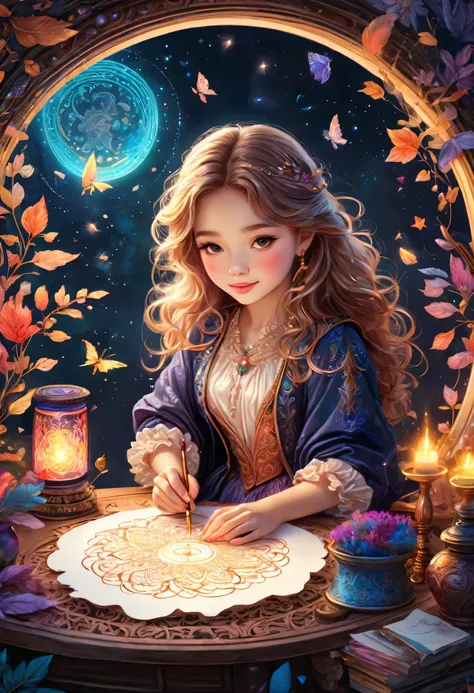 Magical girl drawing a magic circle on the desk,,,parchment,Quill pen,magic ink,illustration style,draw with thick lines,detailed pattern,cute,pop,Gentle color,Cast colorful spells,nice background image,masterpiece,最高masterpiece,Light and shadow,draw caref...