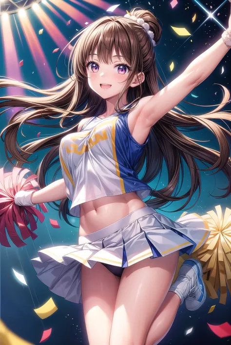 (highest quality:1.2), masterpiece, High resolution, perfect lighting, Lens flare, Cheerleader, jump, long hair, brown hair, C cup breasts, holding a pom pom, gush, Sleeveless with wide open chest, Brilliant, fine eyes,  Underwear fully visible skirt that ...