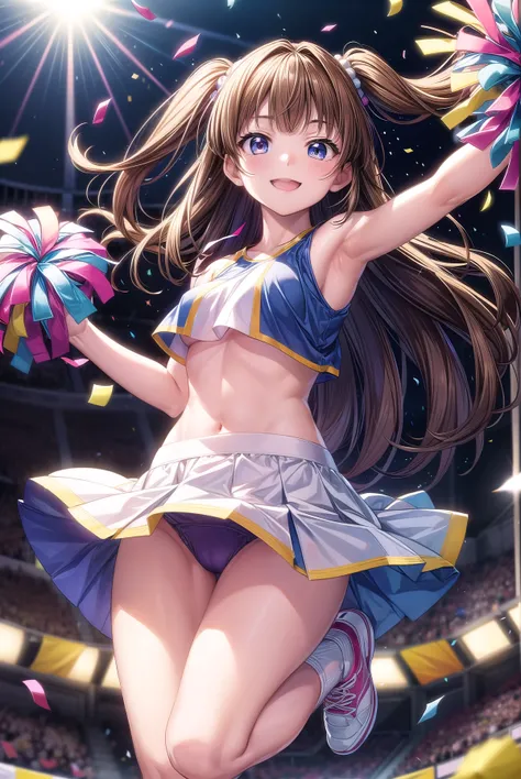 (highest quality:1.2), masterpiece, High resolution, perfect lighting, Lens flare, Cheerleader, jump, long hair, brown hair, C cup breasts, holding a pom pom, gush, Sleeveless with wide open chest, Brilliant, fine eyes,  Underwear fully visible skirt that ...