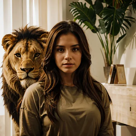 Mujer guerrera, realista, blanca, brown hair taming a lion 