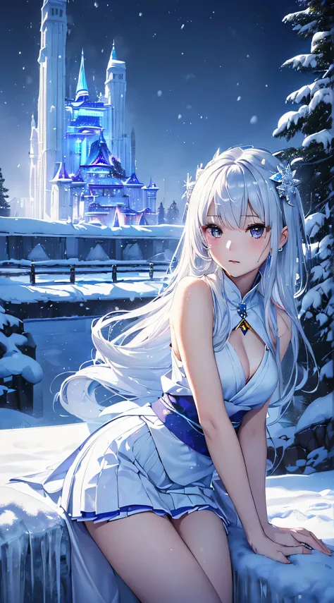 最high quality、best image quality、masterpiece、with a girl((18-year-old、vest bust、medium bust、bust 85,Beautiful silver eyes、wide open chest,Semi-long hair in white silver、thin、big valley、show the whole body、white kimono、white short skirt、With an ice sword、Ic...