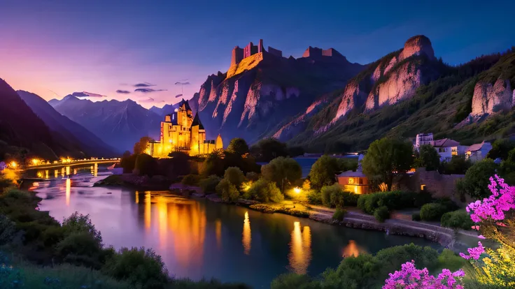 masterpiece ,night view, european castle, Pink sheep, Colorful fantasy world landscape, river flowing in the background, flowers blooming in the distance, Mountain, mysterious ancient ruins, sunlight shines in