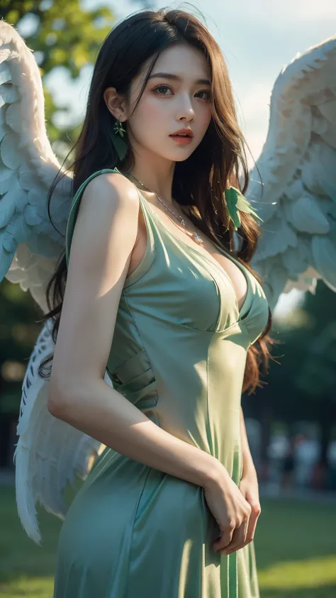 8k ultra hd, masterpiece, a girl, (good face:1.4), detailed, eyes, beautiful lips, very long hair, spreading hair, small breasts, (angel dress:1.5), (green dress:1.5), necklace, wings, in the park, flying birds, glowing:1.5, rainy weather, 