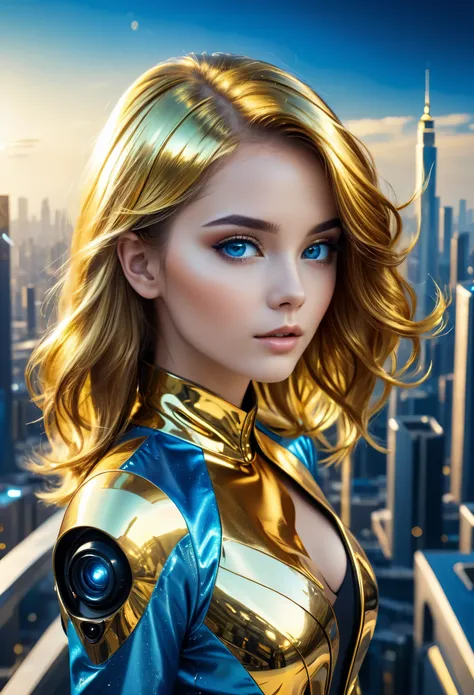 Beautiful girl with hair the color of metallic gold shine against the backdrop of the city of the future, The eyes are blue.