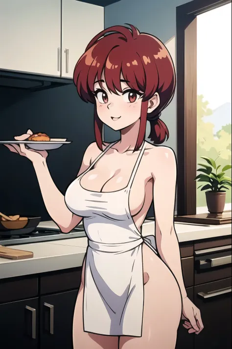 Ranma saotome, cabello rojo corto, pechos muy grandes, hermosos pechos, cuerpo completo, usando solo un delantal de cocina, sin ropa interior, senos grandes, caderas anchas, usando delantal de cocina blanco, cocinando, delantal blanco, semidesnuda, delanta...