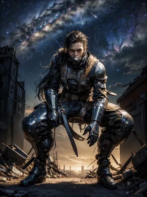 entire shot: 1.3, masterpiece, ((handsome man: 1.5, very detailed and beautiful, dynamic pose: 1.5)), ((apocalyptic city with a night and starry sky: 1.5)),(( full of stars and galaxies: 1.5)), very beautiful digital art, digital art. highly detailed and h...