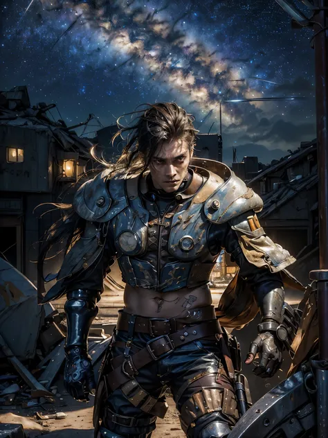 entire shot: 1.3, masterpiece, ((handsome man: 1.5, very detailed and beautiful, dynamic pose: 1.5)), ((apocalyptic city with a night and starry sky: 1.5)),(( full of stars and galaxies: 1.5)), very beautiful digital art, digital art. highly detailed and h...