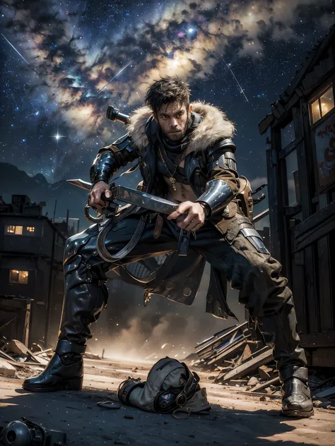 entire shot: 1.3, masterpiece, ((handsome man: 1.5, very detailed and beautiful, dynamic pose: 1.5)), ((apocalyptic city with a night and starry sky: 1.5)),(( full of stars and galaxies: 1.5)), very beautiful digital art, digital art. highly detailed and h...