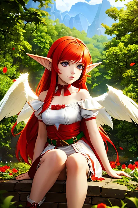 role-playing character, a half-elf half-nymph girl with wings of fary  with red hair with  white and wearing clothes made of leaves and flowers HD  hiper color 4k