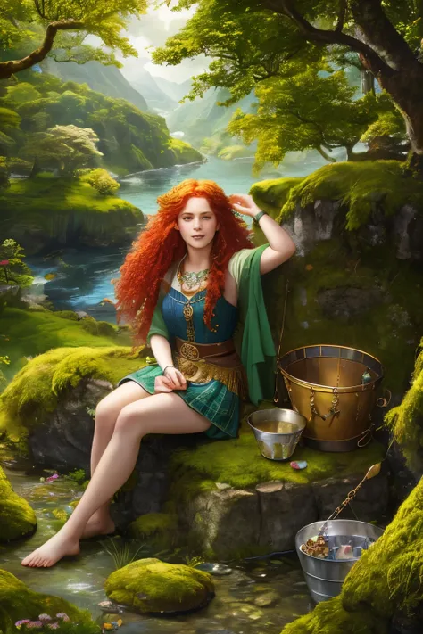 Masterpiece of a Celtic-style scene, Absurdly high 8k resolution, Bucket-full of gold and gems under the Rainbow, Sitting calmly on a mossy stone, Cute redhead girl with freckles, Long, wavy red hair, Nice hands adorned with intricate Celtic tattoos,

Look...