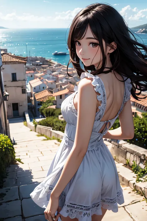 very cute and beautiful girl,teen,white sun dress with detailed frills,(highly detailed beautiful face),
walking slopy pathway to hilltop,(sea side Mediterranean cityscape),distant harbor,beautiful summer sky,
cowboy shot,(smile),(looking back,from behind)...