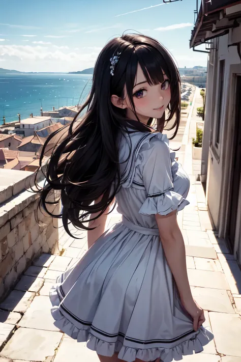 very cute and beautiful girl,teen,white sun dress with detailed frills,(highly detailed beautiful face),
walking slopy pathway to hilltop,(sea side Mediterranean cityscape),distant harbor,beautiful summer sky,
cowboy shot,(smile),(looking back,from behind)...