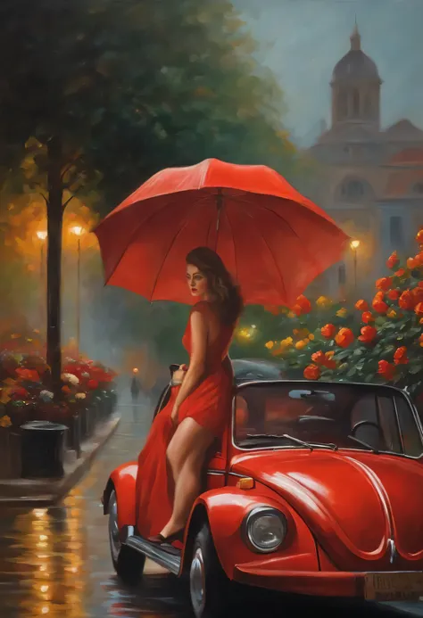 A beautiful woman driving a red Beetle looking with one arm out of the car door, on a wet street with flowers in the flowerbeds and street lights, people walking on the sidewalk with umbrellas,oil painting 1970