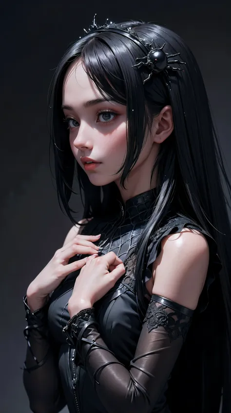 close-up, beautiful young girl, dark long hair, Black eyes, Black dress, black spider in hands, girl holding a spider, cobweb in the background, 8K, High detail, High realism, dark fantasy art