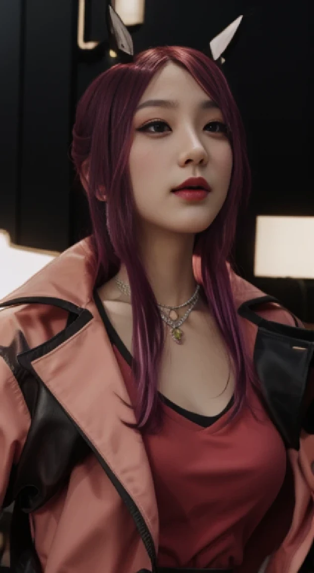 black and pink hair, smaller nose. thinner eyebrows, no horns, neckless