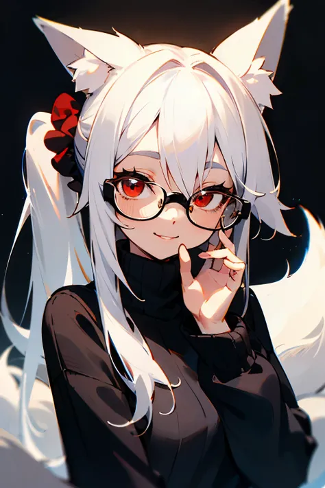 ((best quality)), ((masterpiece)), (detailed), perfect face, absurdres, simple background, solo, fox ears, white fox tail, long white hair, side ponytail, black scrunchie, red eyes, oversized sweater, smile, red glasses, square glasses