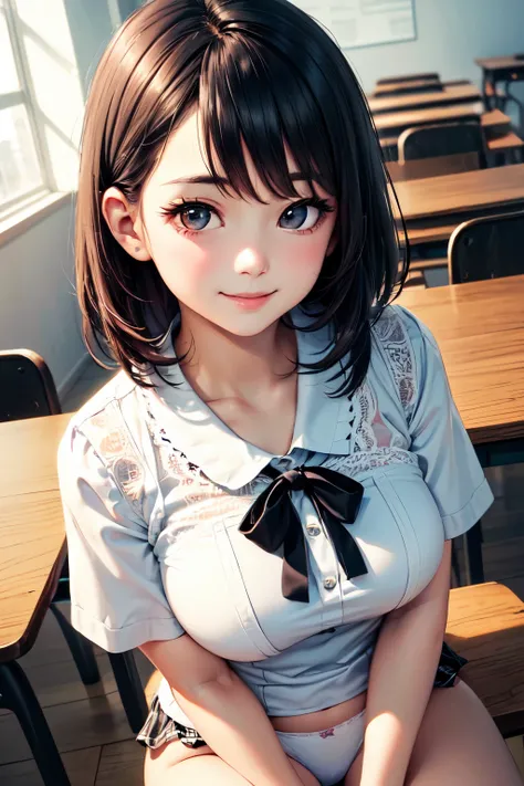 very cute and beautiful girl,(highly detailed beautiful face),white blouse,ribbon,(pleated plaid kirt lift,white panties,(smile),blush,looking at viewer,black hair,wooden classroom,
(best quality,masterpiece:1.2),absurdres,highres,ultra-detailed,extremely ...