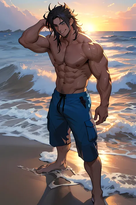 ((Handsome anime young adult man)), (muscular:1.2), Messy medium-long hair, blue eyes, strong jawline, confident smile, topless, Bend arms, Show off your muscles, standing on the beach, Waves crashing in the background, sunset, epic lights, bright colors, ...