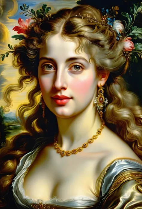  "Elena Furman of Love"((style Peter Paul Rubens)), ((oil painting palette / renaissanse)), highest detail, ((masterpiece)), complex key, ((single shot)), impression, highest detail, perspective, 8k