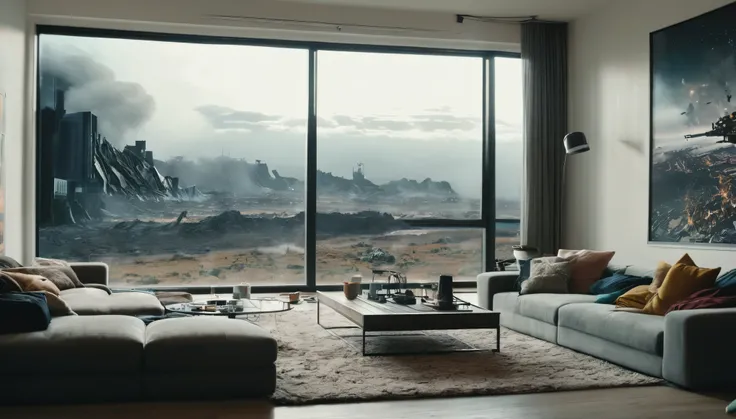 Cinematic shot, Large panoramic window with a view of an apocalyptic event, a tastefully decorated living room in a contemporary style. Muted colors. Cinematic light, Contrast between everyday comfort and surreal vistas, movie scene. From back, ((Sitting i...