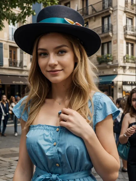 (best quality,high resolution,ultra-detailed:1.2), HDR, Couleurs vives, belle jeune femme 24 ans, blonde, cheveux long avec tie and die noir, les yeux bleu vert, French, belle peau, avec des taches de rousseurs, Place de Barcelone, Lively atmosphere, archi...