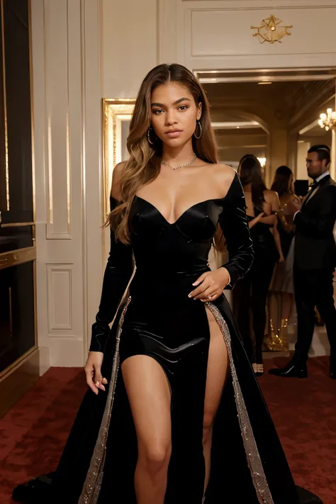 8k,cinematic,masterpiece, best quality, photography,symmetrical face,symmetrical eyes,pretty face, bronze skin, slim curvy, high fashion model, in style of zendaya and beyonce,chanel silver gown, hyper-realistic, photo studio, elegant, long golden wavy blo...