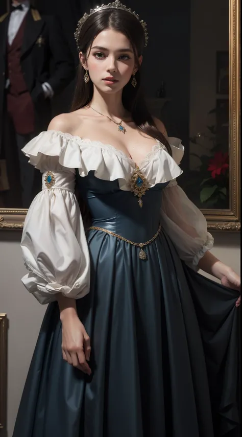 ((photorealism, high quality, detail)), An aristocratic young woman from a fictional European medieval aristocracy looks at us with seductive eyes., Dressed in a simple blue dress made of fabric with a very low neckline, silver jewelry (costume jewelry). 