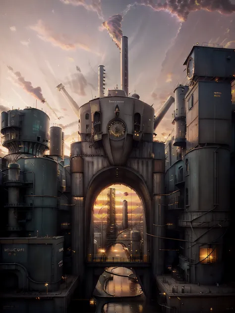 long shot: 1.3, masterpiece, ((industrial city scene with sky with sunset: 1.5)),(( machinery, metal: 1.5)), very beautiful digital art, digital art. highly detailed and highly detailed magical fantasy, colorful digital fantasy art, highly detailed digital...