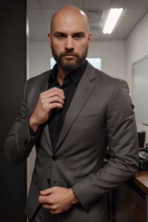 35 years handsome Baldy man named John, extremely masculine, beard, RAW photo, brown hair, quiff hairstyle, black office shirt, grey plain suit (slim fit), high detail face, direct look, high detail hands, high detail eyes, white skin, ultrarealistic, full...