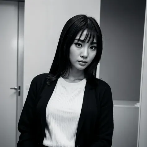 Highly detailed, realistic, asian Woman, Black and white sweater, Big , holding a tuxedo