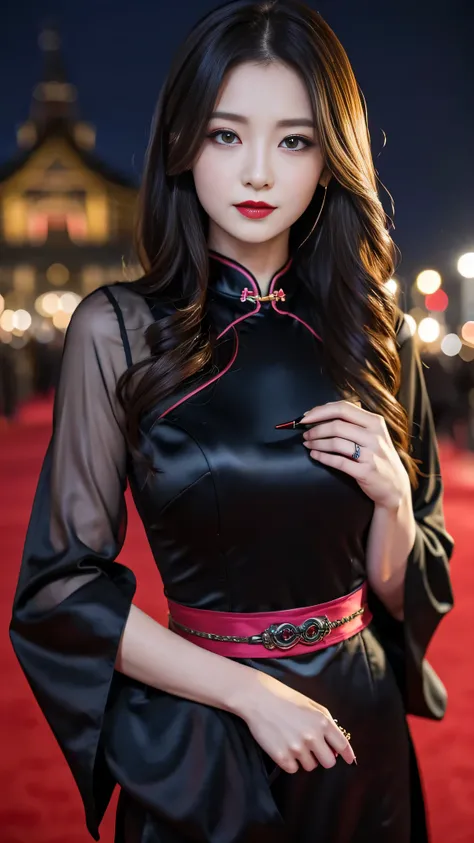 Super detailed、Japanese、charming beauty、seductive adult woman、Beautiful woman、sharp eyes、cool girl、wavy hair、long black cheongsam、wide sleeve、evilの幹部、evil depravity、brainwashing、Mind control、apply lipstick、grin、evilな表情、evil、empty eyes、evil、church at night、...