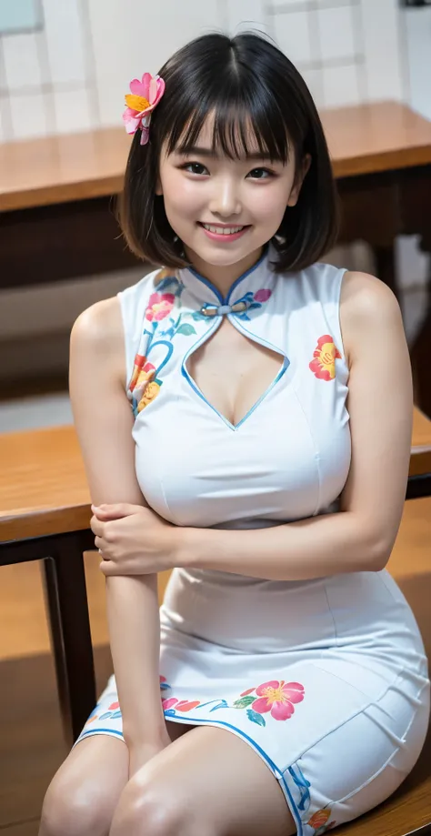 （8k、Raw photography、highest quality、masterpiece：1.2),(black haired、very short hair:1.8),(short twin tails:1.4)、show viewer,Looking at the front,erotic,white skin,(She is wearing a brightly colored Chinese dress with a floral pattern.:1.7)、()、(Clothing that...