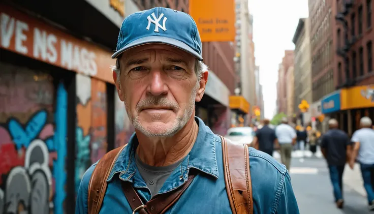 a 50-year-old american man wearing a worn-out baseball cap strolling down a bustling new york city street, his weathered face re...