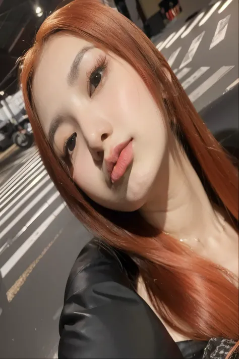 arafed woman Con cabello rojo and black leather jacket posing for a picture, ella tiene el pelo largo y renaranjado, 8k selfie photography, ava max, She has long orange-brown hair., Con cabello rojo, portrait of jossi de blackpink, jossi de blackpink, cl, ...