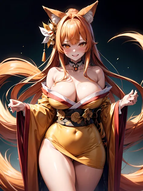 1 girl, long ginger hair, fox ears, only fox ears, amber eyes, extremly detailed eyes, extremly detailed, blushing, (face perfect:1.1), (high detal:1.1), top-quality, huge breasts, sexy and seductive, wearing golden erotic kimono, tall women, long flufy ni...