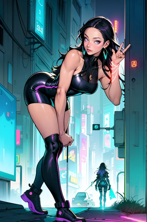 night city, neon city, colorful city in the background, Full cyberpunk anime style, illustration, Mona Lisa from Leonardo da Vinci, big hip, she has a unique style, her feet should be wide apart, about one foot away from each hip. her toes firmly on the wa...