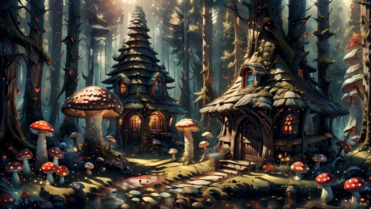 (masterpiece), best quality, 8k, magical atmosphere, forest, majestic trees, colorful mushrooms, marble and ceramic central squa...