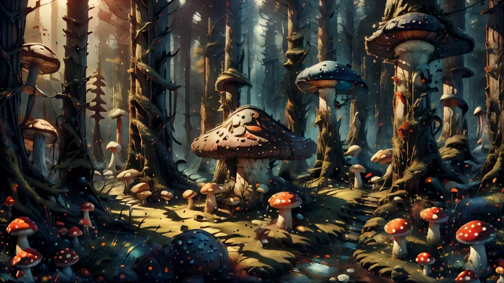 (masterpiece), best quality, 8k, magical atmosphere, forest, majestic trees, colorful mushrooms, marble and ceramic central squa...