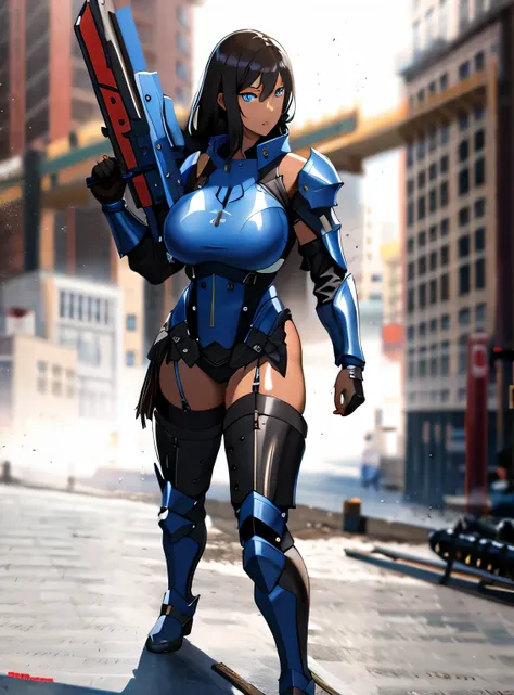 long black hair, colored skin, brown skin, blue eyes, gigantic breasts, black armor