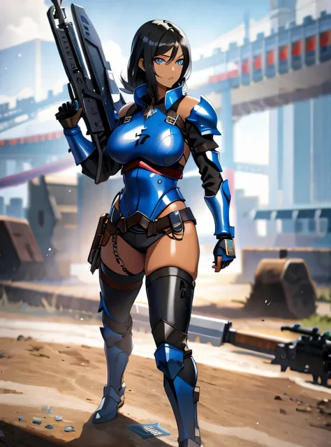 long black hair, colored skin, brown skin, blue eyes, gigantic breasts,  black armor