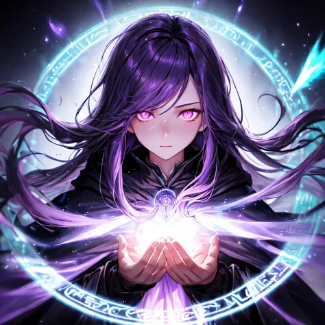 ((mage, long purple hair, flying hair, without hat, glowing purple eyes, black cloak, calm face, looking at hands)), (dark environment, backlighting, magic circles in the background, magic, magic particles), ((de frente)), upper body focus