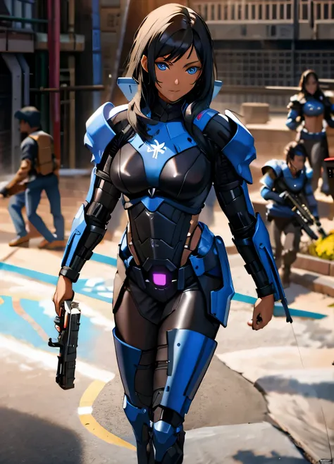 black sci-fi armor, long black hair, colored skin, brown skin, blue eyes, gigantic breasts, black pistol