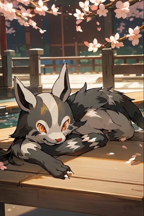 mightyena、graena、spring、cherry blossoms、pool、cute、animal、pokémon、graena、depth of the bounds written, perfect lighting, lightest ...