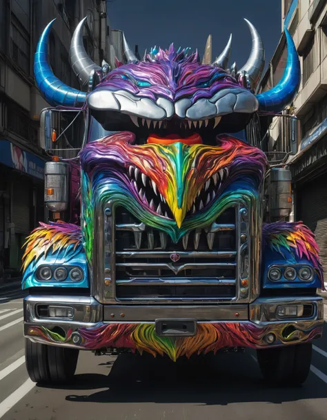 a large truck with a monsters mouth on the front of it, computer graphics by Taro Okamoto, trending on zbrush central, fantasy art, made of liquid metal, made of cardboard, ultra detailed, hyper realistic, 8k, vibrant colors, sharp crisp image