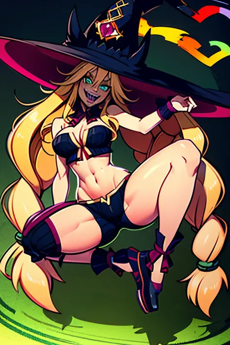 Metallia, long blond hair, twin braids, green eyes, - sharp teeth, witch hat with an purple eye, bare shoulders, wrist cuffs, detached collar ,midriff, cleavage, pants, shoes, thighs cutout, 1girl, solo, facing viewer, looking at viewer, smile, open mouth.