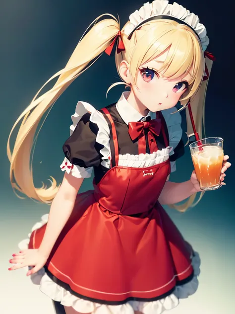 ((( petitegirl with blonde twin tail,　maid dress))),(((red glasodern fashion、drinkinng　